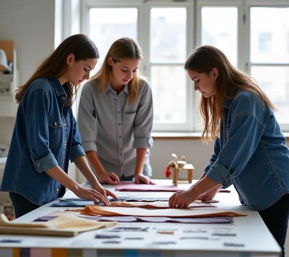 El equipo de Pekeño Mundo Textil seleccionando telas en su taller de Madrid.