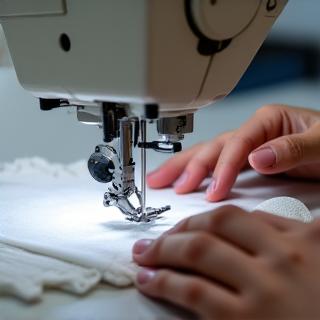 Máquina de coser industrial confeccionando un body de bebé.